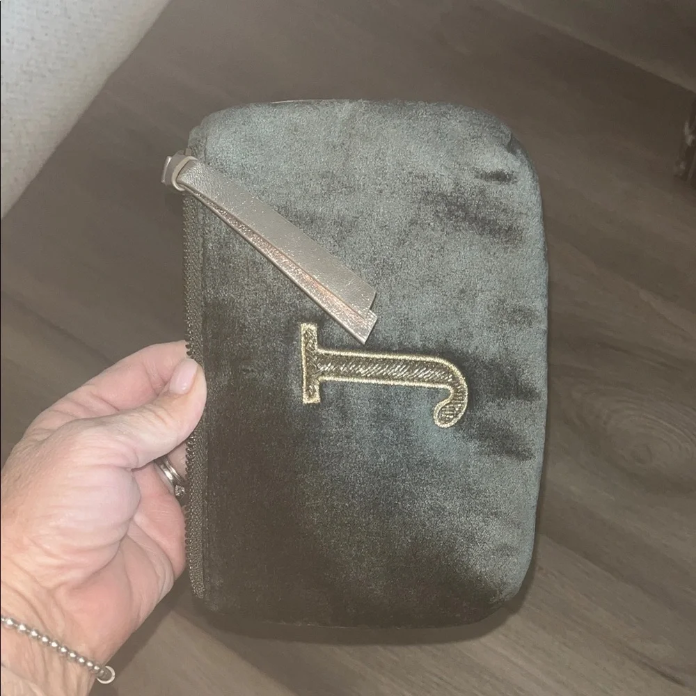 Green Velvet Cosmetic Pouch with Gold Letter J preowned